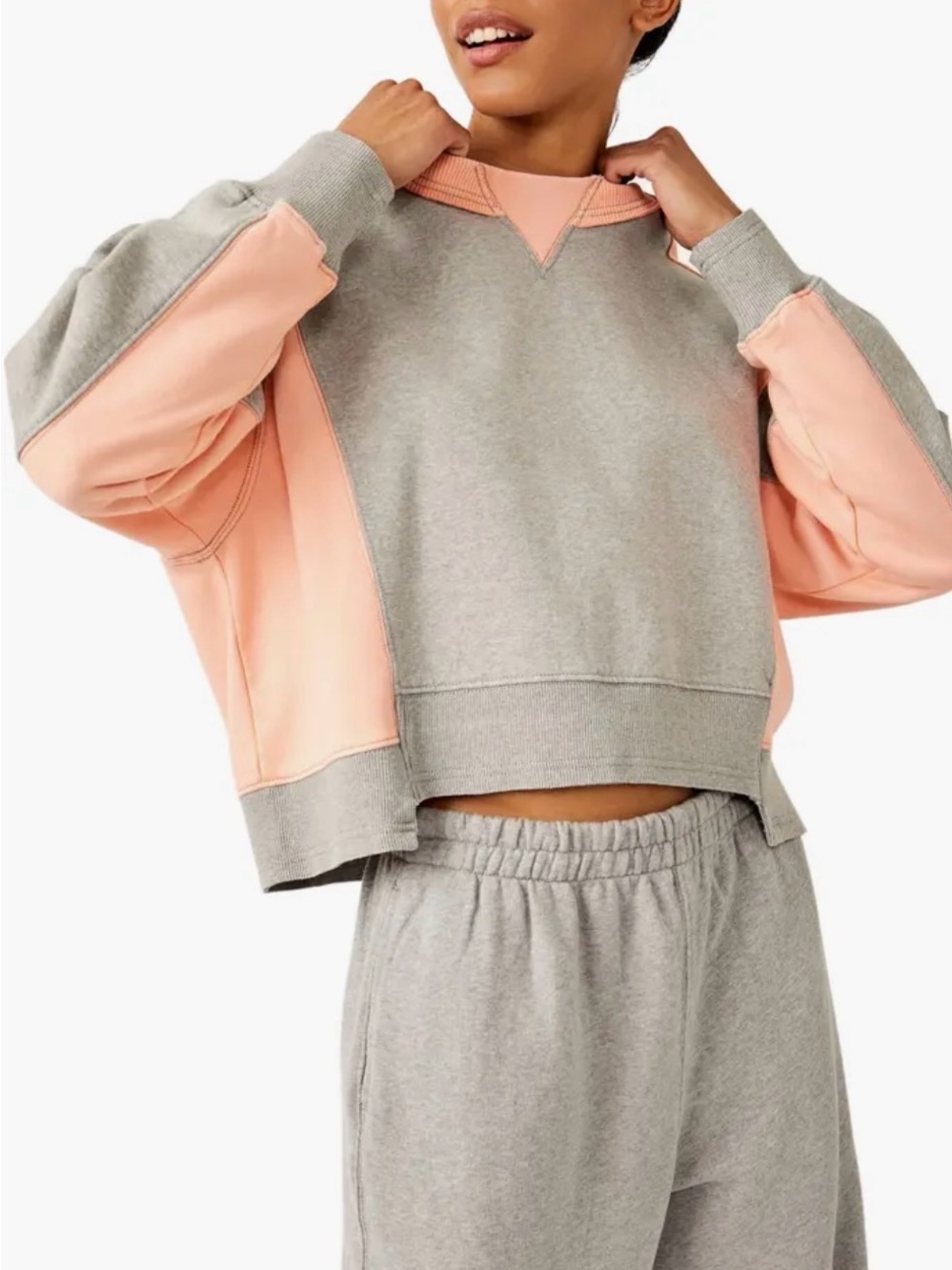FP Movement by Free People Two-Tone Crewneck Sweatshirt in Peach & Light Gray